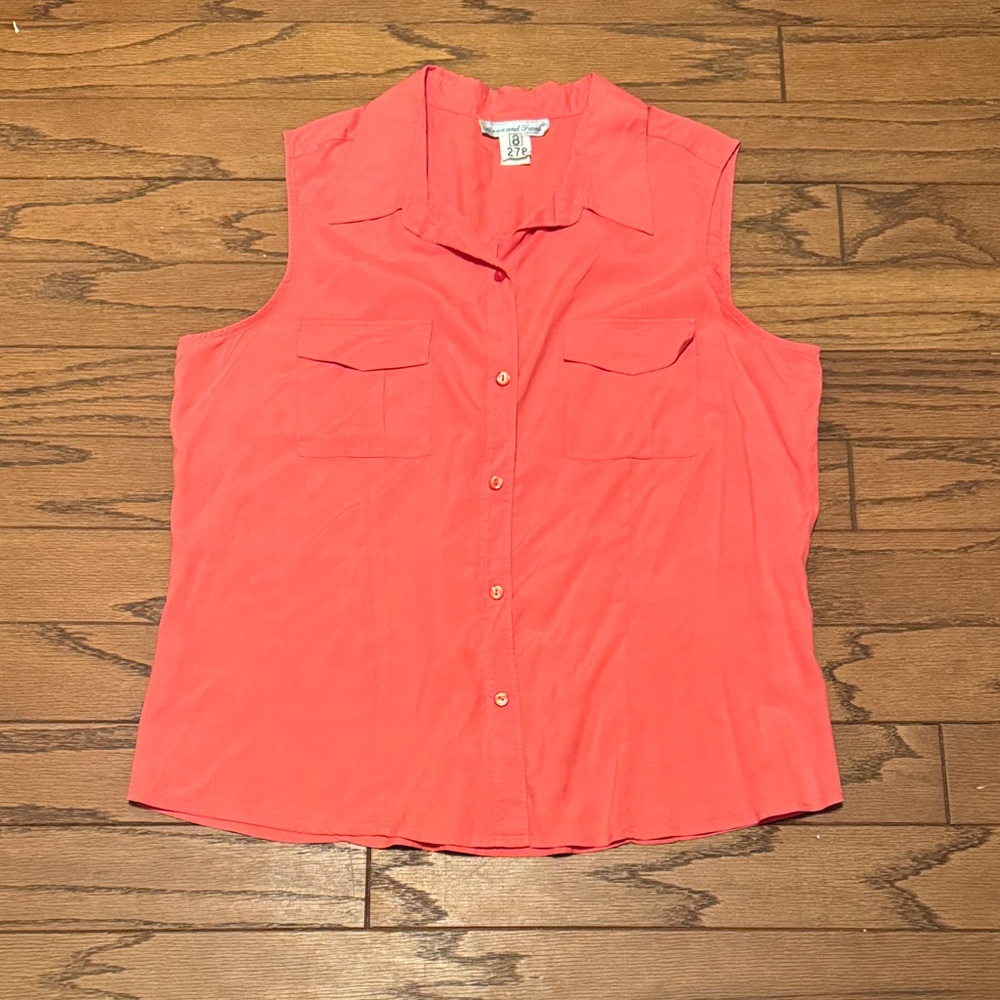 Anna And Frank Coral Sleeveless Button-Down Shirt 100% silk